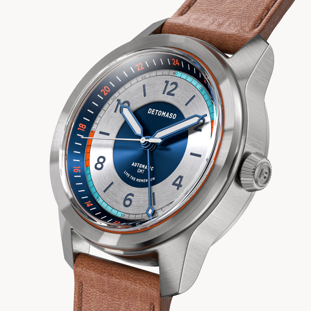 URBAN EXPLORER AUTOMATIC GMT
 SILVER BLUE
 - Vegan Apple Leather Brown Smooth - Detomaso Watches