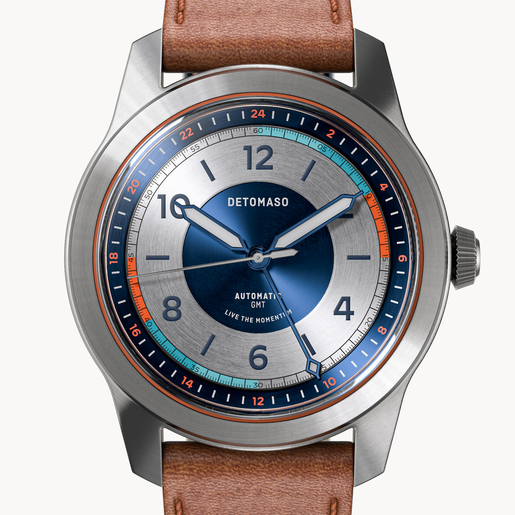 URBAN EXPLORER AUTOMATIC GMT
 SILVER BLUE
 - Vegan Apple Leather Brown Smooth - Detomaso Watches