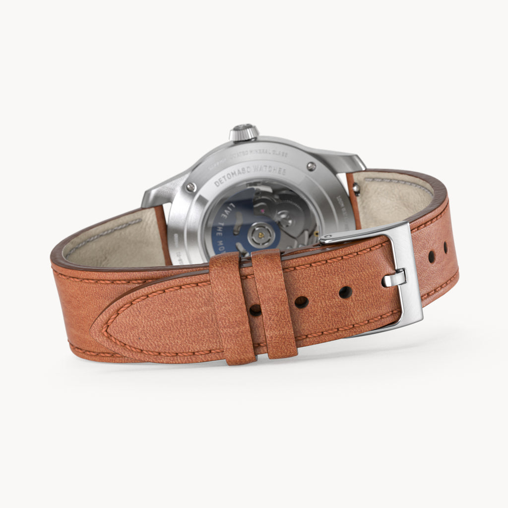 URBAN EXPLORER AUTOMATIC GMT
 SILVER BLUE
 - Vegan Apple Leather Brown Smooth - Detomaso Watches