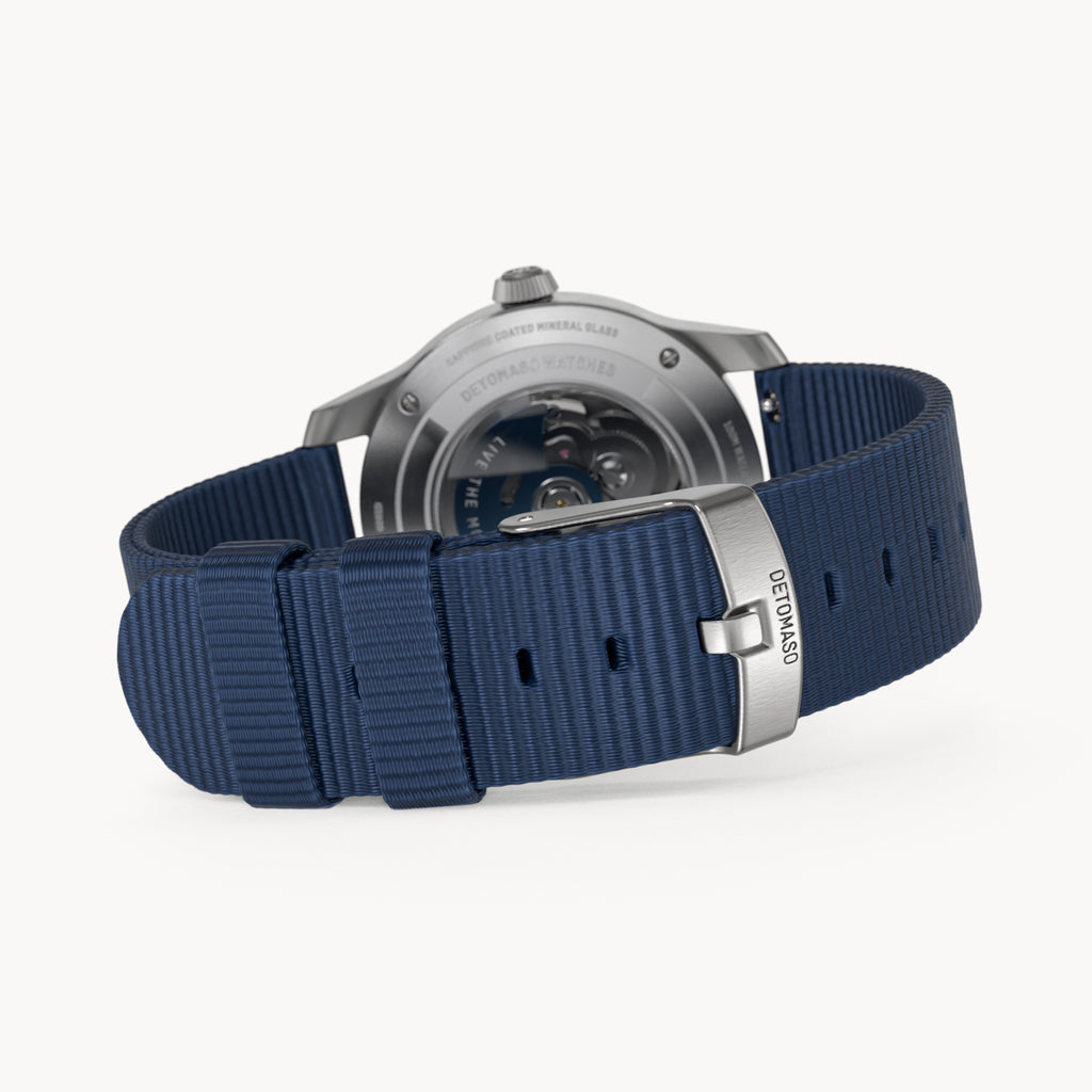 URBAN EXPLORER AUTOMATIC GMT
 SILVER BLUE
 - Ocean Plastic Dark blue Woven - Detomaso Watches