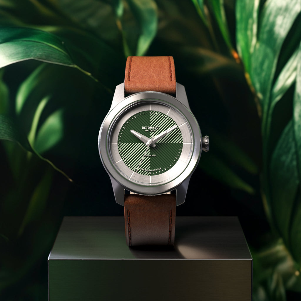 CLASSIC AUTOMATIC FOREST GREEN - Vegan Apple Leather Brown Smooth - Detomaso Watches