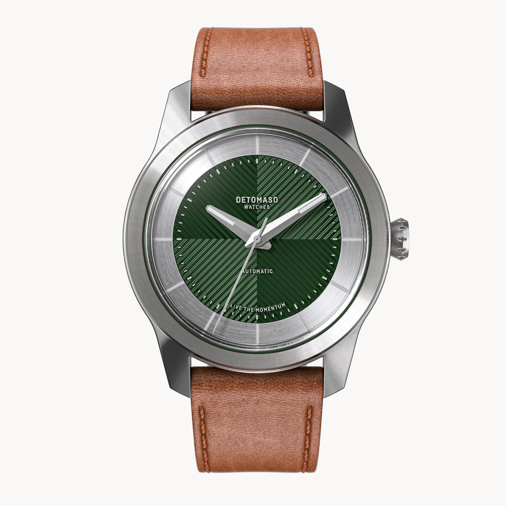 CLASSIC AUTOMATIC FOREST GREEN - Vegan Apple Leather Brown Smooth - Detomaso Watches