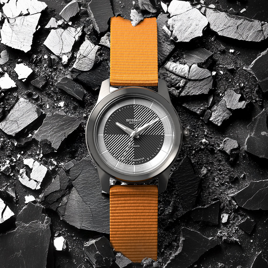 CLASSIC AUTOMATIC SLATE BLACK - Ocean Plastic Orange Woven - Detomaso Watches