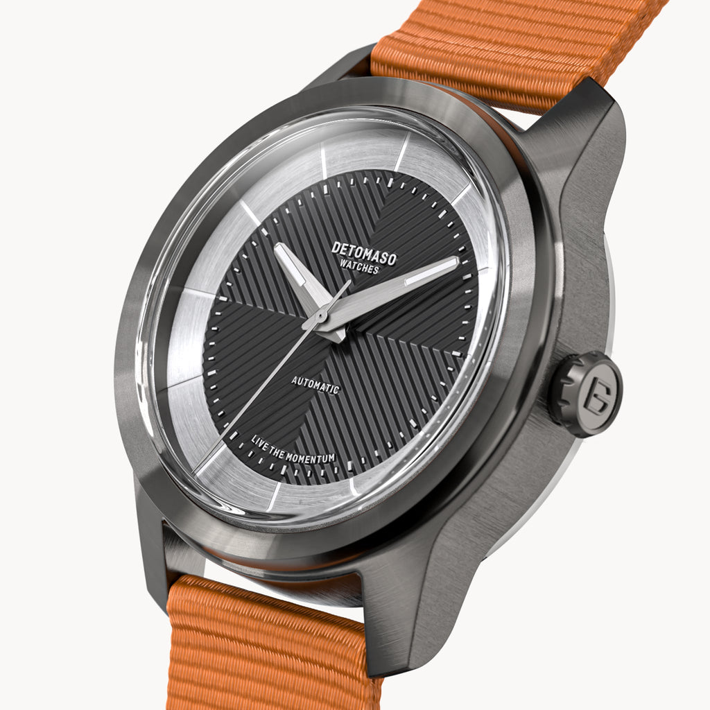 CLASSIC AUTOMATIC SLATE BLACK - Ocean Plastic Orange Woven - Detomaso Watches