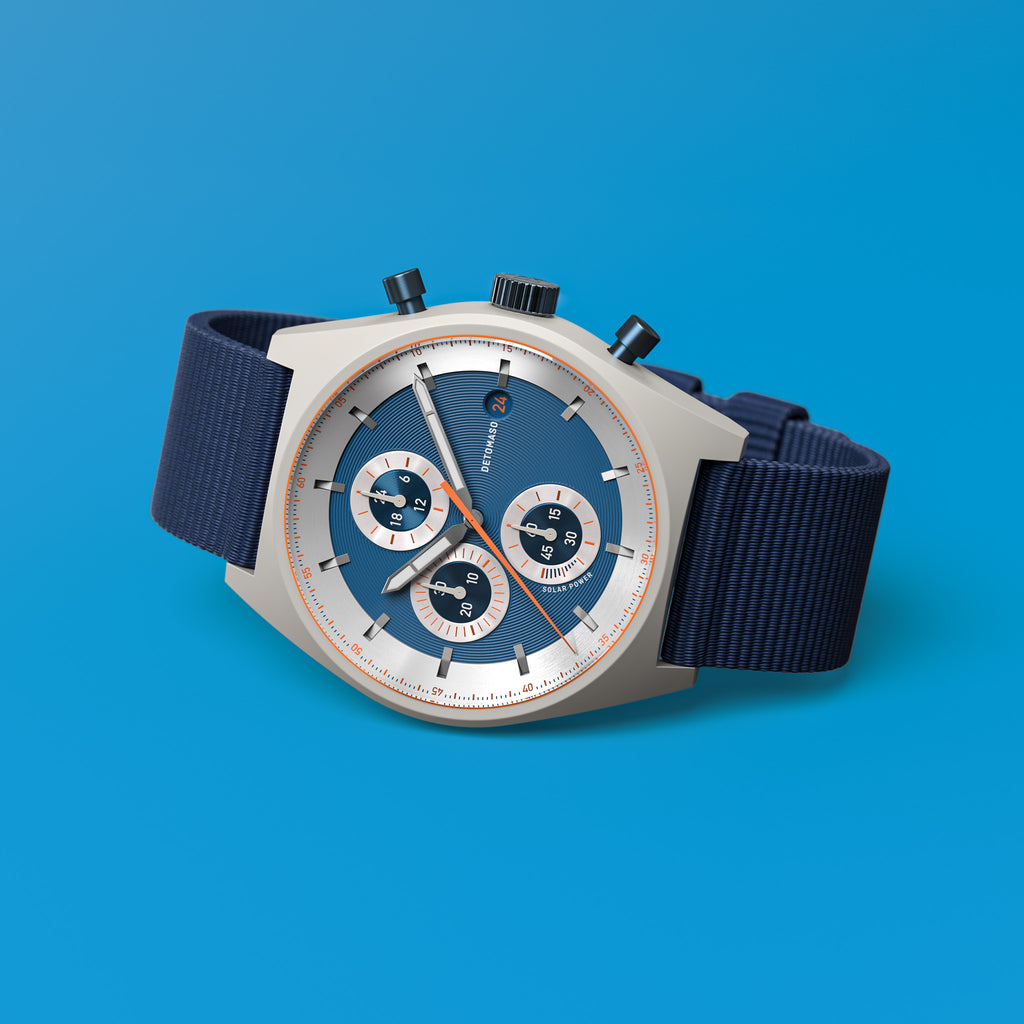 D10 CHRONO SOLAR
 GRAY BLUE
 - Ocean Plastic Dark blue Woven - Detomaso Watches