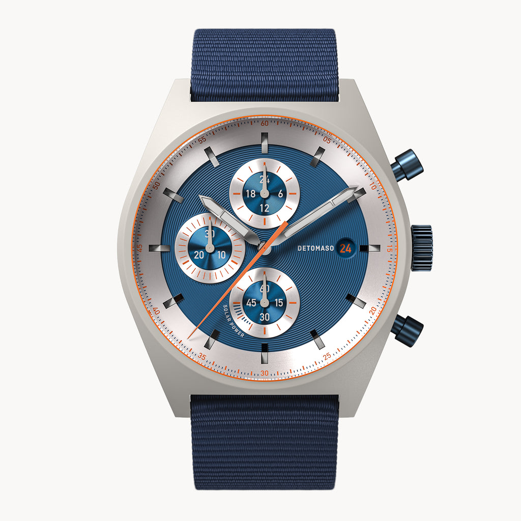 D10 CHRONO SOLAR
 GRAY BLUE
 - Ocean Plastic Dark blue Woven - Detomaso Watches