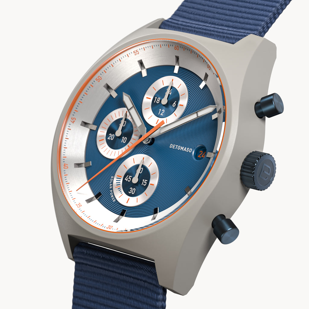 D10 CHRONO SOLAR
 GRAY BLUE
 - Ocean Plastic Dark blue Woven - Detomaso Watches