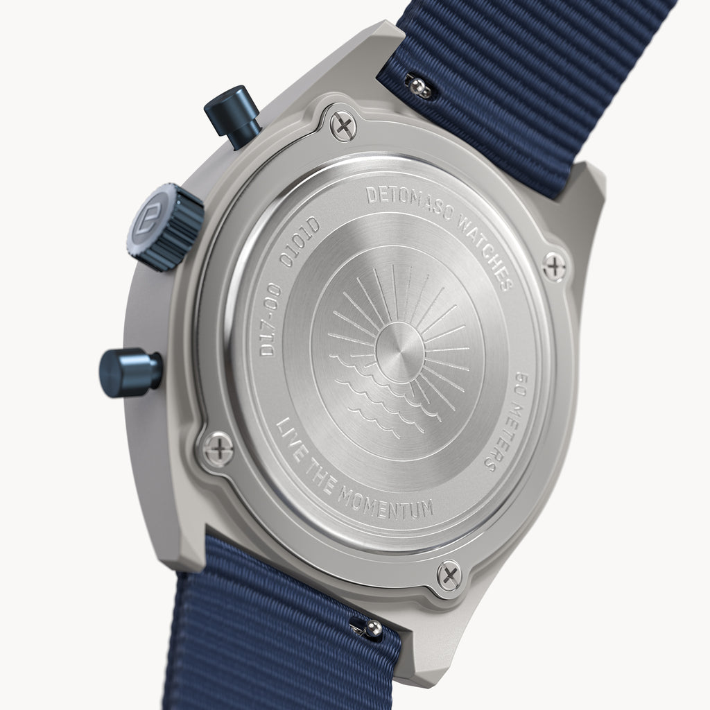 D10 CHRONO SOLAR
 GRAY BLUE
 - Ocean Plastic Dark blue Woven - Detomaso Watches