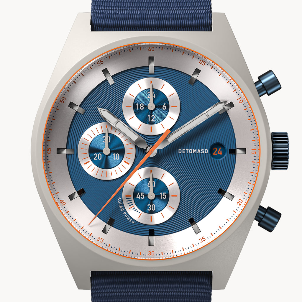D10 CHRONO SOLAR
 GRAY BLUE
 - Ocean Plastic Dark blue Woven - Detomaso Watches