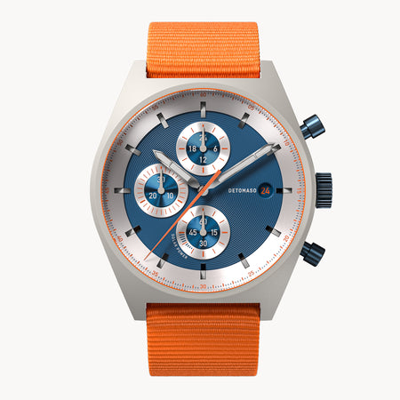 mini_detomaso様 D20 CHRONOGRAPH STRADALE SILVER BLUE ORANGE Leather Dark Blue