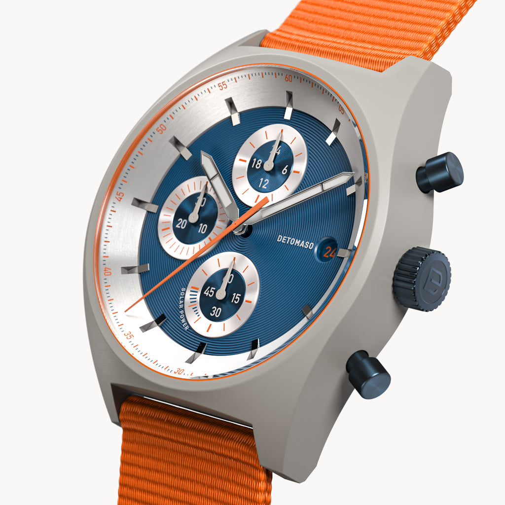 D10 CHRONO SOLAR
 GRAY BLUE
 - Ocean Plastic Orange Woven - Detomaso Watches