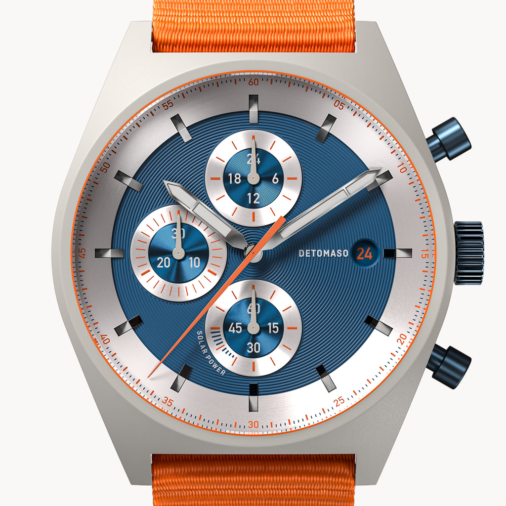D10 CHRONO SOLAR
 GRAY BLUE
 - Ocean Plastic Orange Woven - Detomaso Watches
