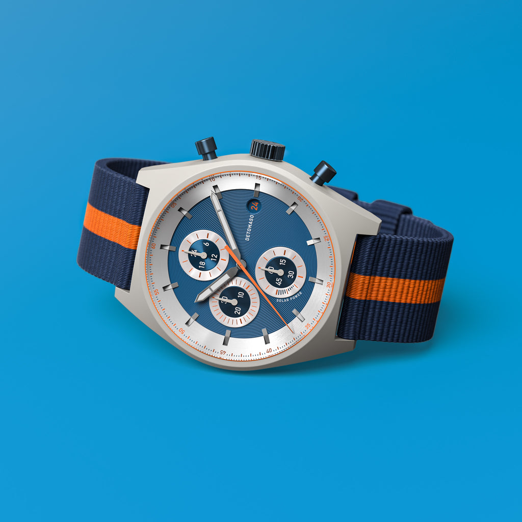 D10 CHRONO SOLAR
 GRAY BLUE
 - Ocean Plastic Dark blue Orange Woven - Detomaso Watches