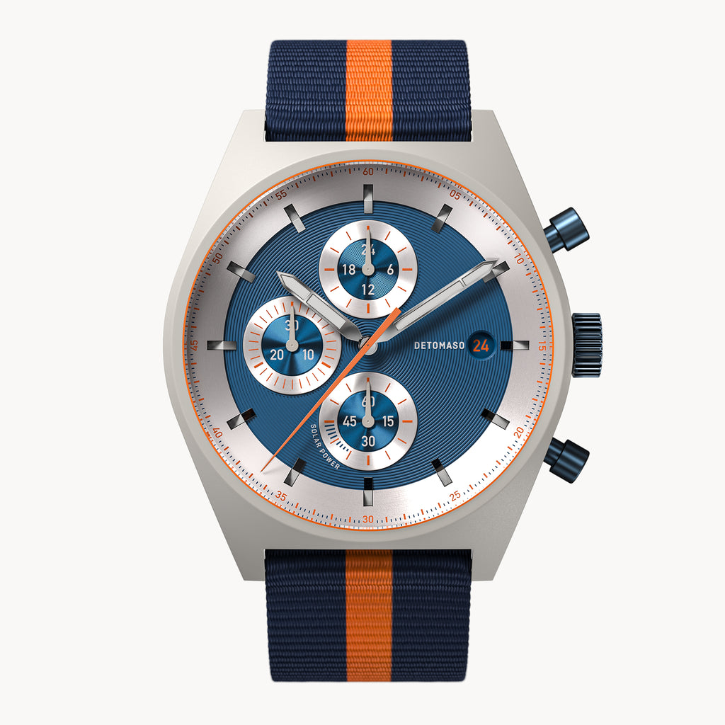 D10 CHRONO SOLAR
 GRAY BLUE
 - Ocean Plastic Dark blue Orange Woven - Detomaso Watches