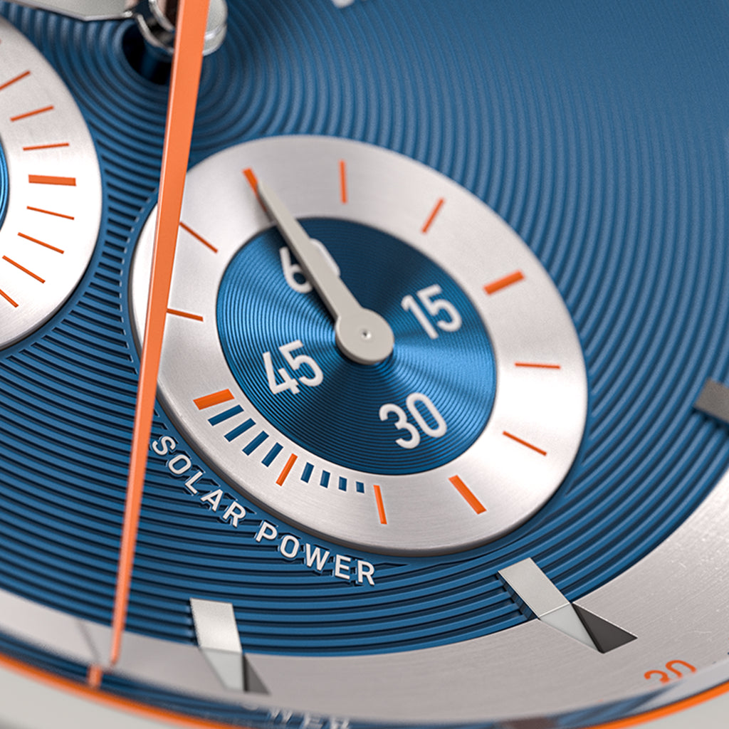 D10 CHRONO SOLAR
 GRAY BLUE
 - Ocean Plastic Dark blue Orange Woven - Detomaso Watches