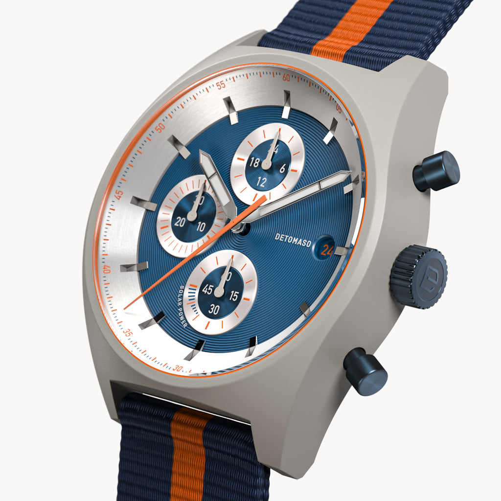 D10 CHRONO SOLAR
 GRAY BLUE
 - Ocean Plastic Dark blue Orange Woven - Detomaso Watches