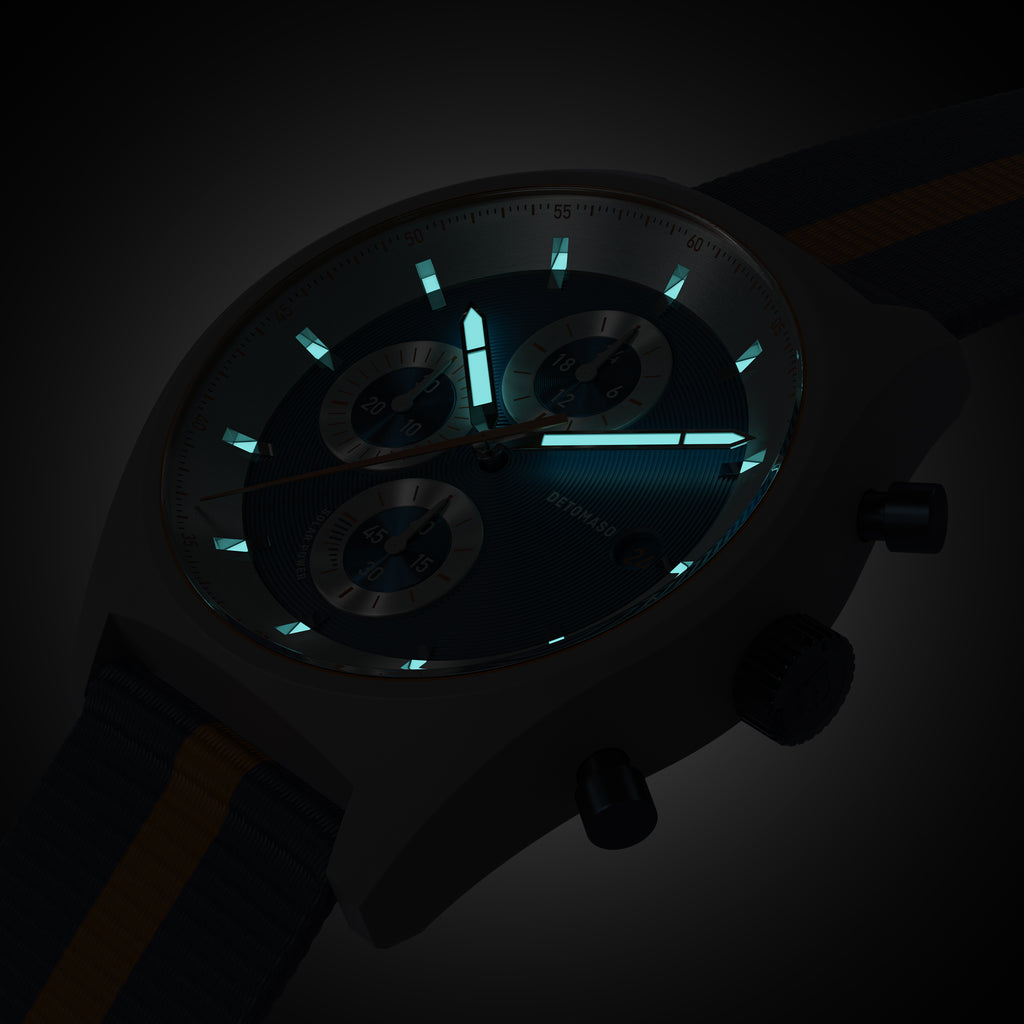 D10 CHRONO SOLAR
 GRAY BLUE
 - Ocean Plastic Dark blue Orange Woven - Detomaso Watches