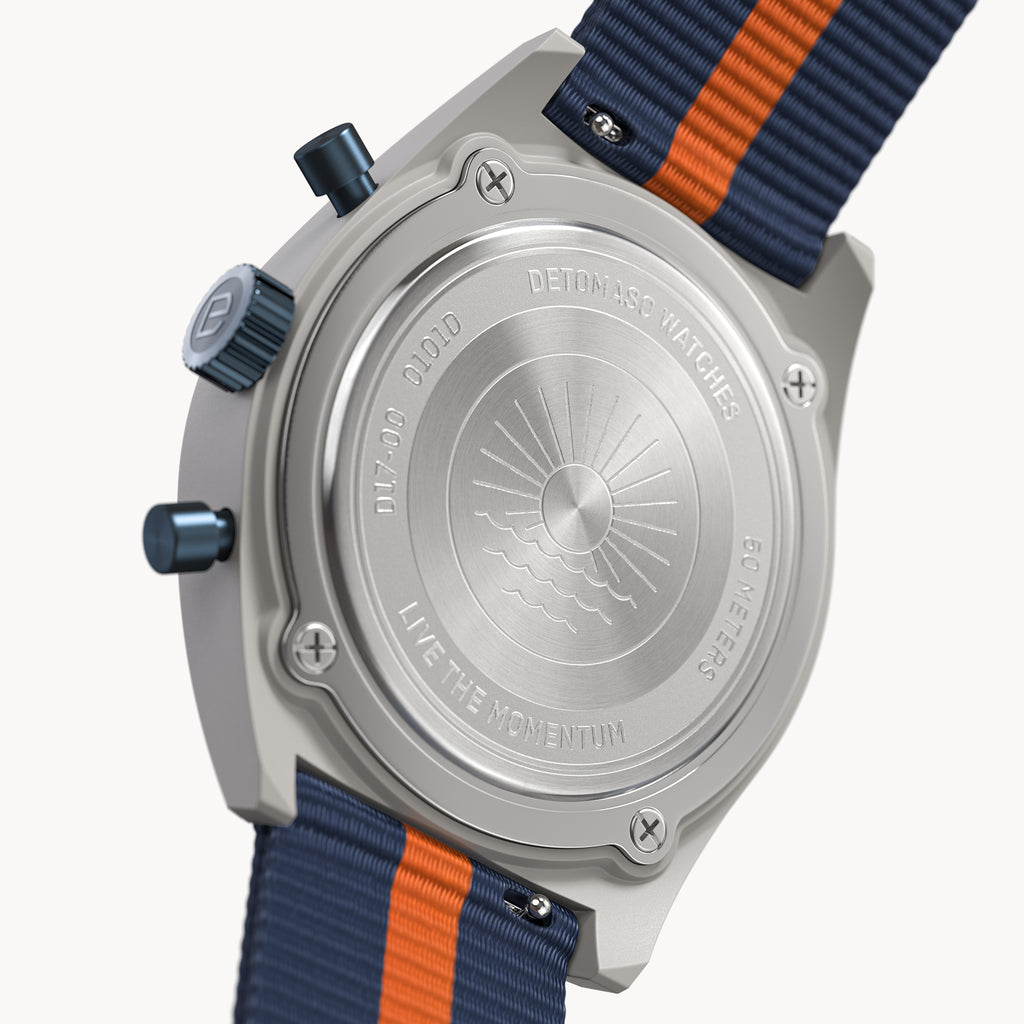 D10 CHRONO SOLAR
 GRAY BLUE
 - Ocean Plastic Dark blue Orange Woven - Detomaso Watches