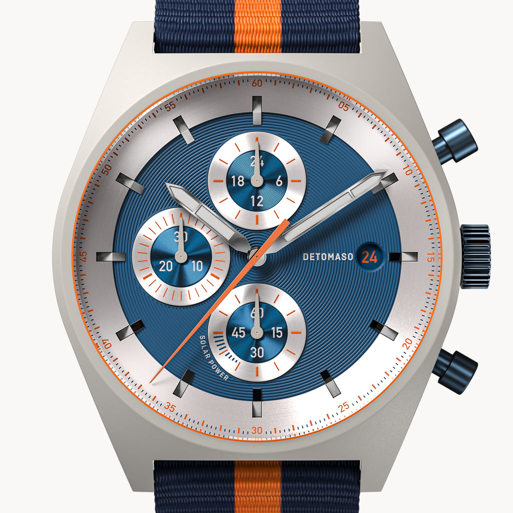 D10 CHRONO SOLAR
 GRAY BLUE
 - Ocean Plastic Dark blue Orange Woven - Detomaso Watches