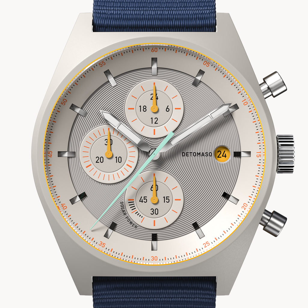 D10 CHRONO SOLAR
 GRAY YELLOW
 - Ocean Plastic Dark Blue Woven - Detomaso Watches