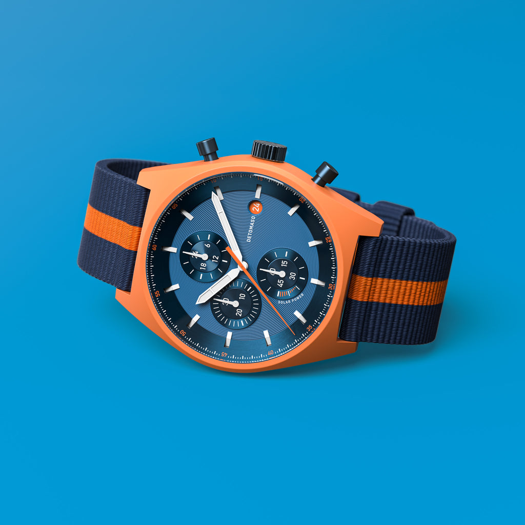 D10 CHRONO SOLAR
 ORANGE BLUE - Ocean Plastic Dark Blue Orange Woven - Detomaso Watches
