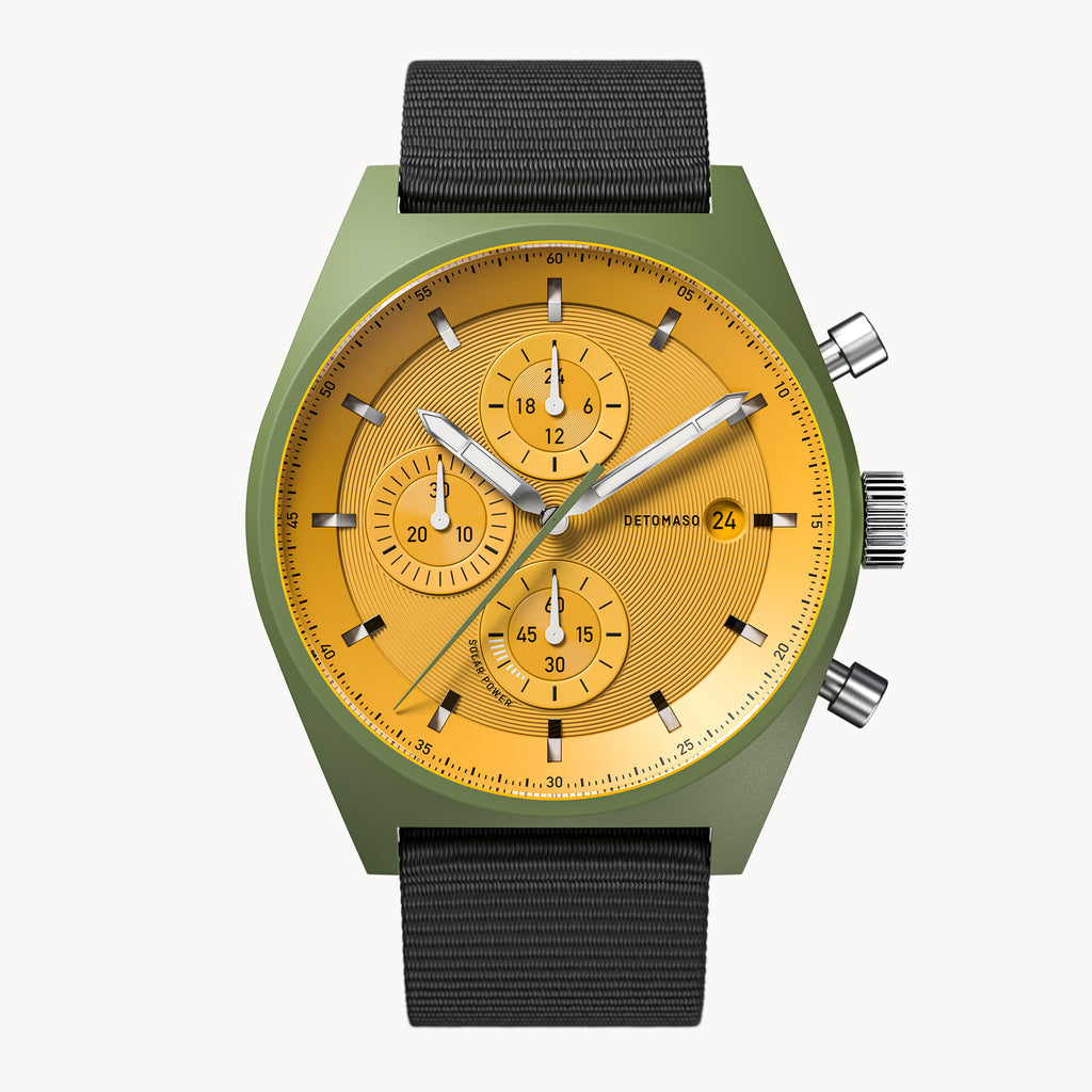 D10 CHRONO SOLAR
 OLIVE YELLOW - #tide Ocean Material® Black Woven - Detomaso Watches