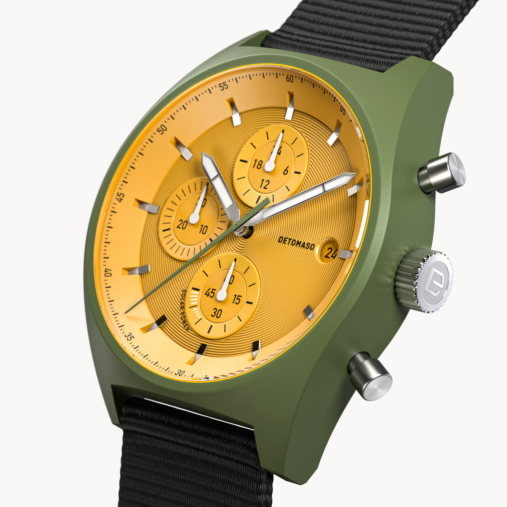 D10 CHRONO SOLAR
 OLIVE YELLOW - #tide Ocean Material® Black Woven - Detomaso Watches