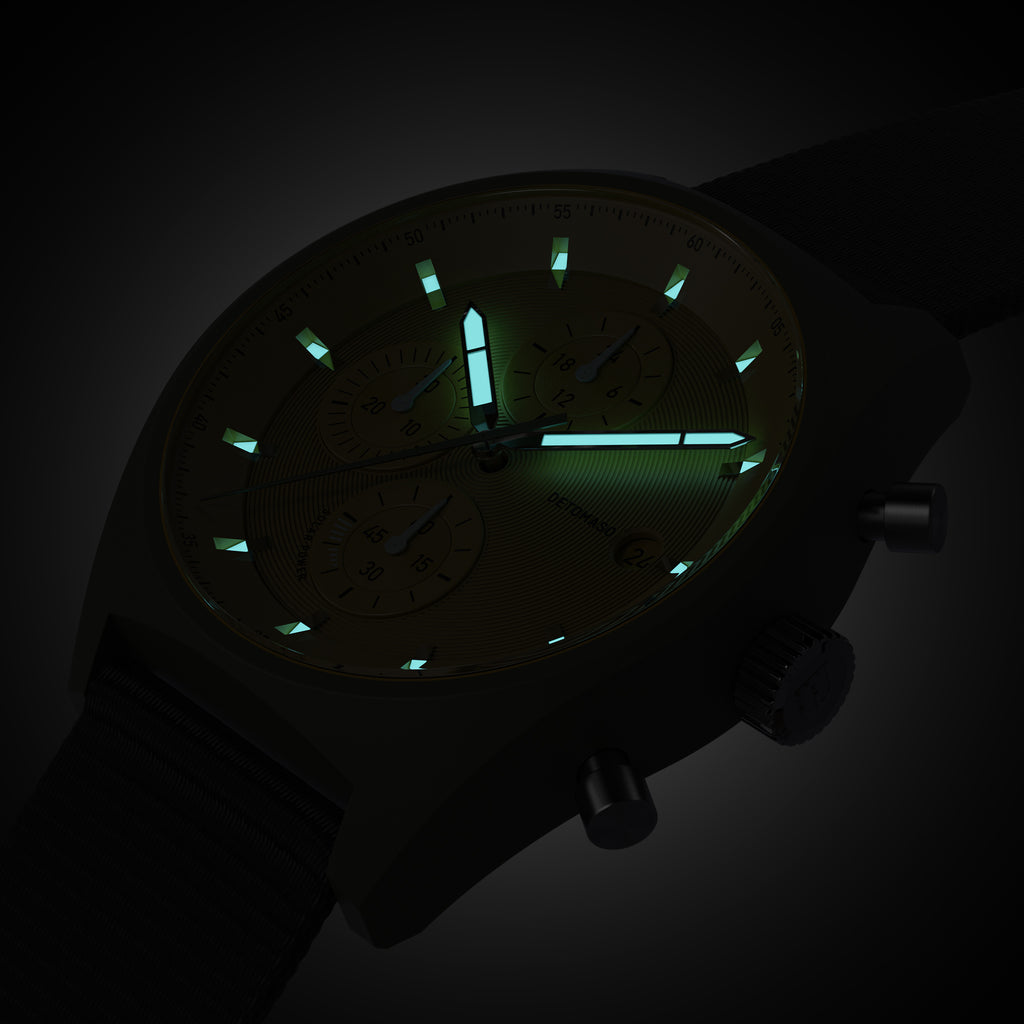 D10 CHRONO SOLAR
 OLIVE YELLOW - #tide Ocean Material® Black Woven - Detomaso Watches