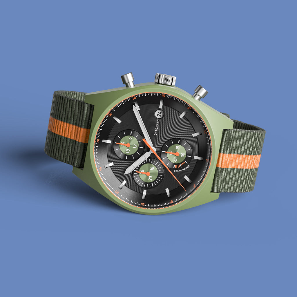 D10 CHRONO SOLAR
 GREEN BLACK - Ocean Plastic Olive Orange Woven - Detomaso Watches