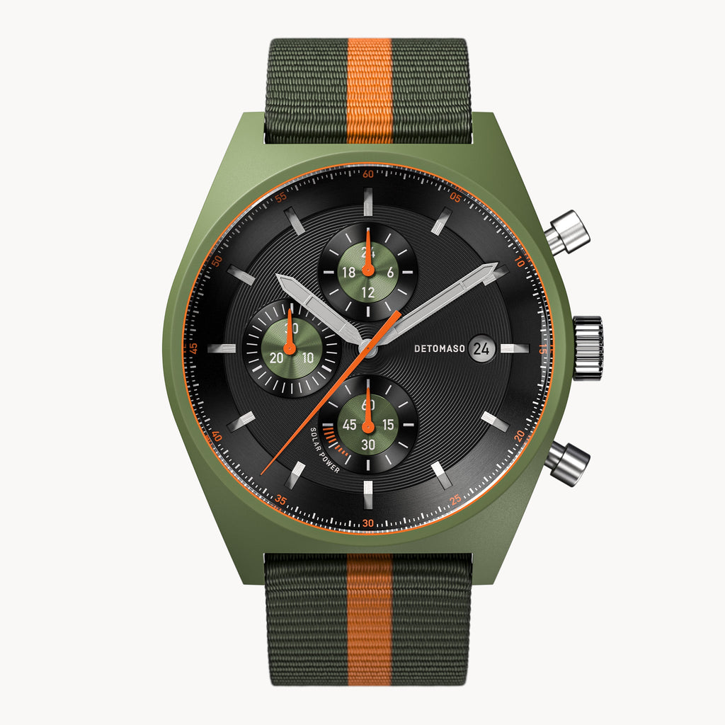 D10 CHRONO SOLAR
 GREEN BLACK - Ocean Plastic Olive Orange Woven - Detomaso Watches