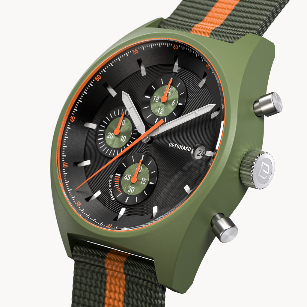 D10 CHRONO SOLAR
 GREEN BLACK - Ocean Plastic Olive Orange Woven - Detomaso Watches