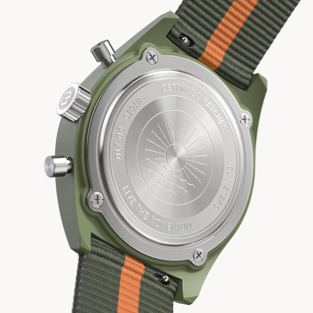 D10 CHRONO SOLAR
 GREEN BLACK - Ocean Plastic Olive Orange Woven - Detomaso Watches