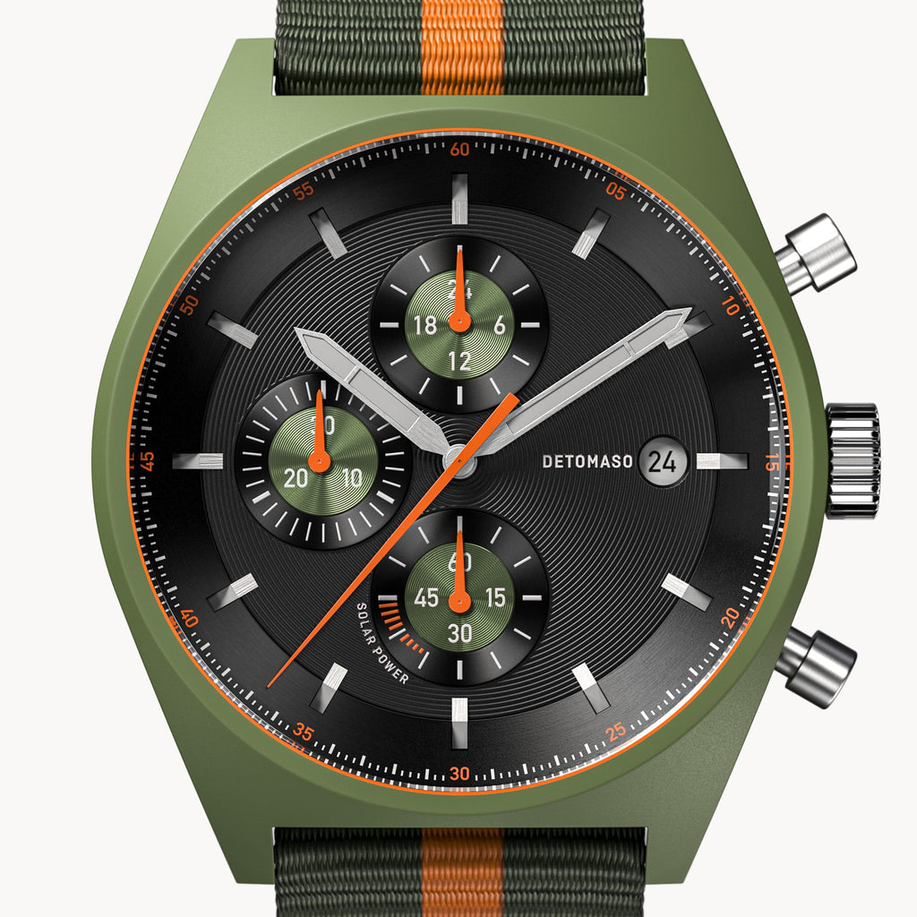 D10 CHRONO SOLAR
 GREEN BLACK - Ocean Plastic Olive Orange Woven - Detomaso Watches