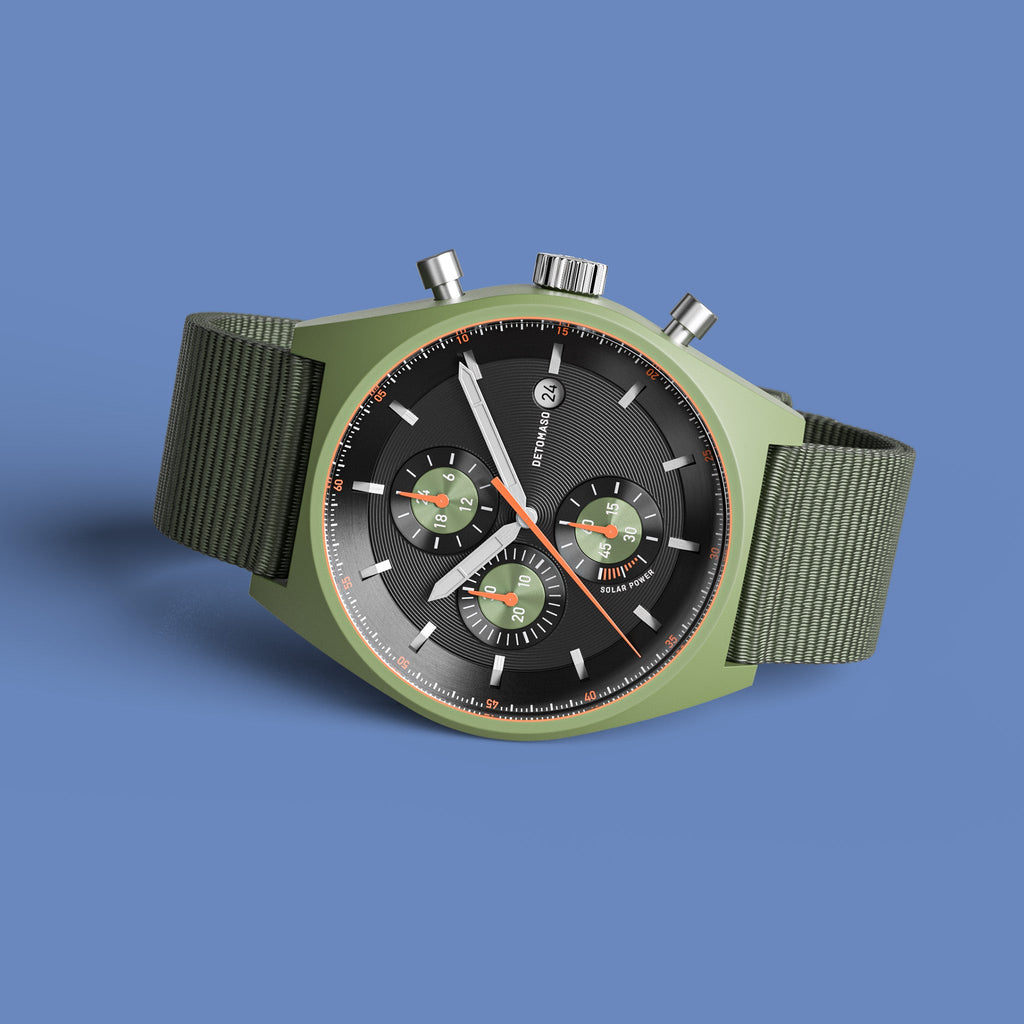 D10 CHRONO SOLAR
 GREEN BLACK - Ocean Plastic Olive Woven - Detomaso Watches