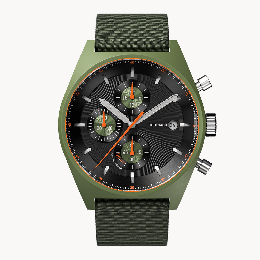 D10 CHRONO SOLAR
 GREEN BLACK - Ocean Plastic Olive Woven - Detomaso Watches