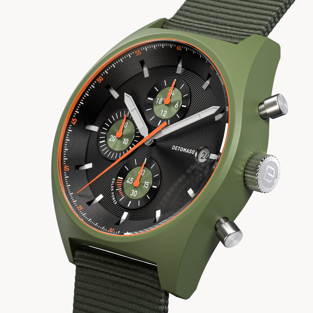 D10 CHRONO SOLAR
 GREEN BLACK - Ocean Plastic Olive Woven - Detomaso Watches