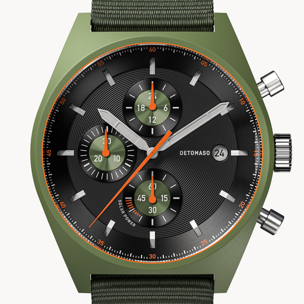 D10 CHRONO SOLAR
 GREEN BLACK - Ocean Plastic Olive Woven - Detomaso Watches