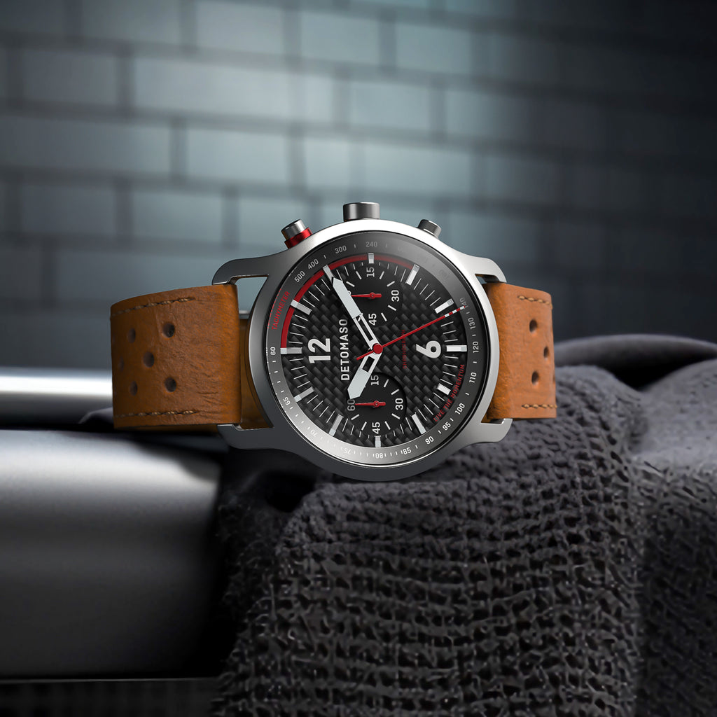 SORPASSO CHRONOGRAPH CARBON SILVER - Leather Light brown Racing - Detomaso Watches