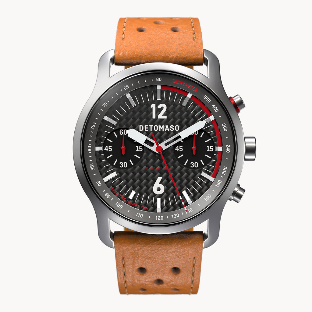 SORPASSO CHRONOGRAPH CARBON SILVER - Leather Light brown Racing - Detomaso Watches