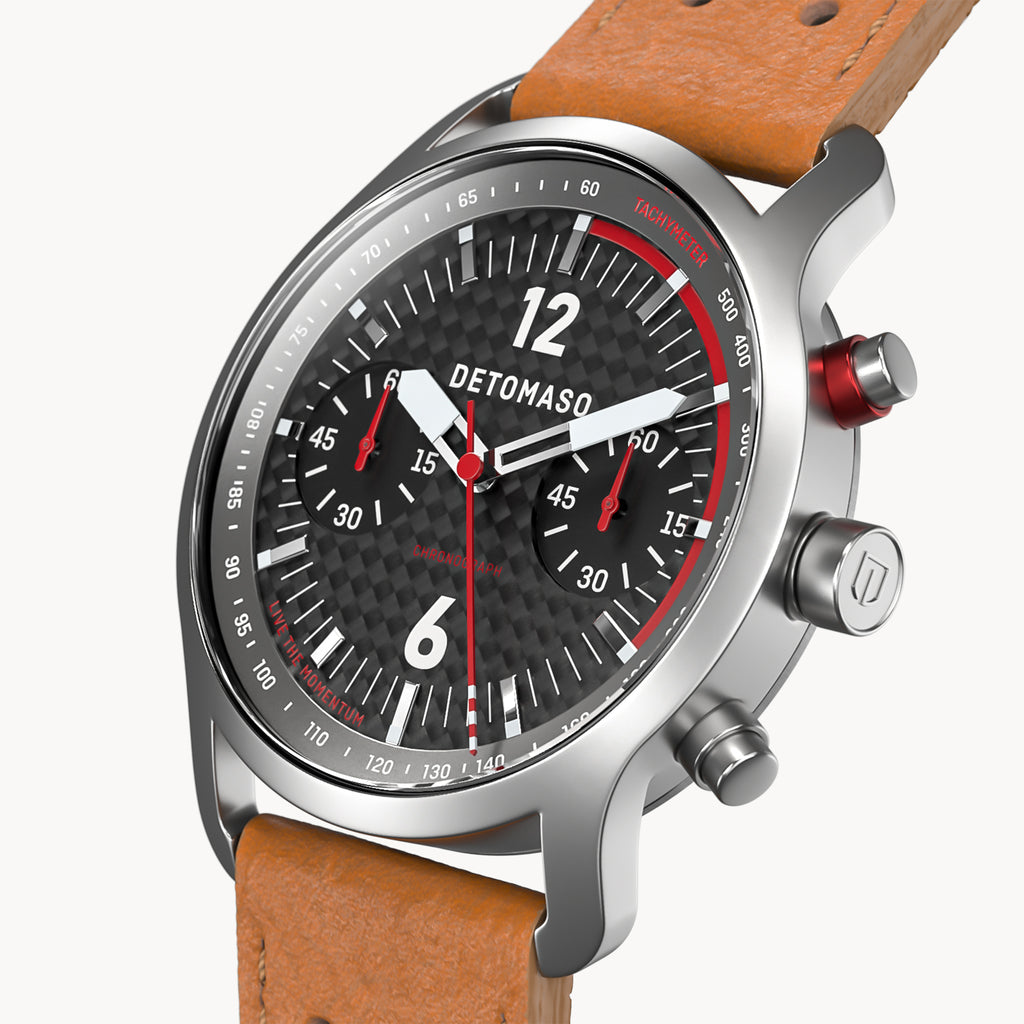 SORPASSO CHRONOGRAPH CARBON SILVER - Leather Light brown Racing - Detomaso Watches