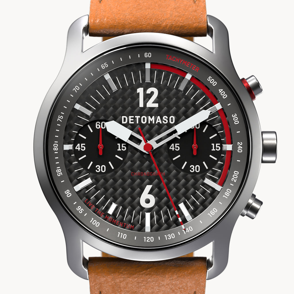 SORPASSO CHRONOGRAPH CARBON SILVER - Leather Light brown Racing - Detomaso Watches