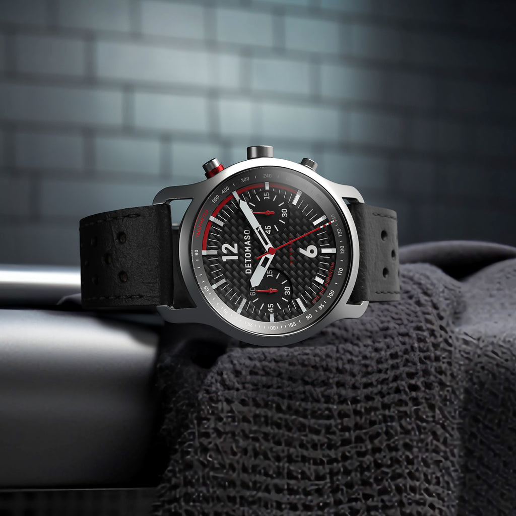 SORPASSO CHRONOGRAPH CARBON SILVER - Leather Black Racing - Detomaso Watches
