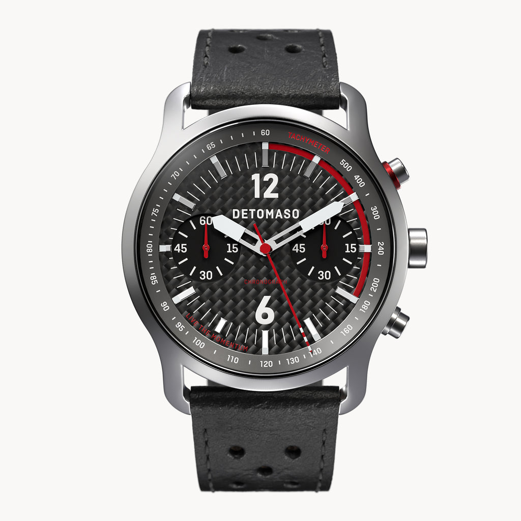 SORPASSO CHRONOGRAPH CARBON SILVER - Leather Black Racing - Detomaso Watches