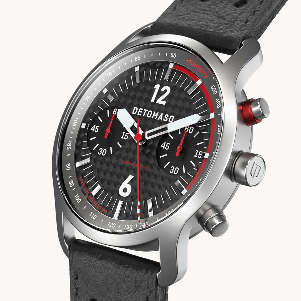 SORPASSO CHRONOGRAPH CARBON SILVER - Leather Black Racing - Detomaso Watches