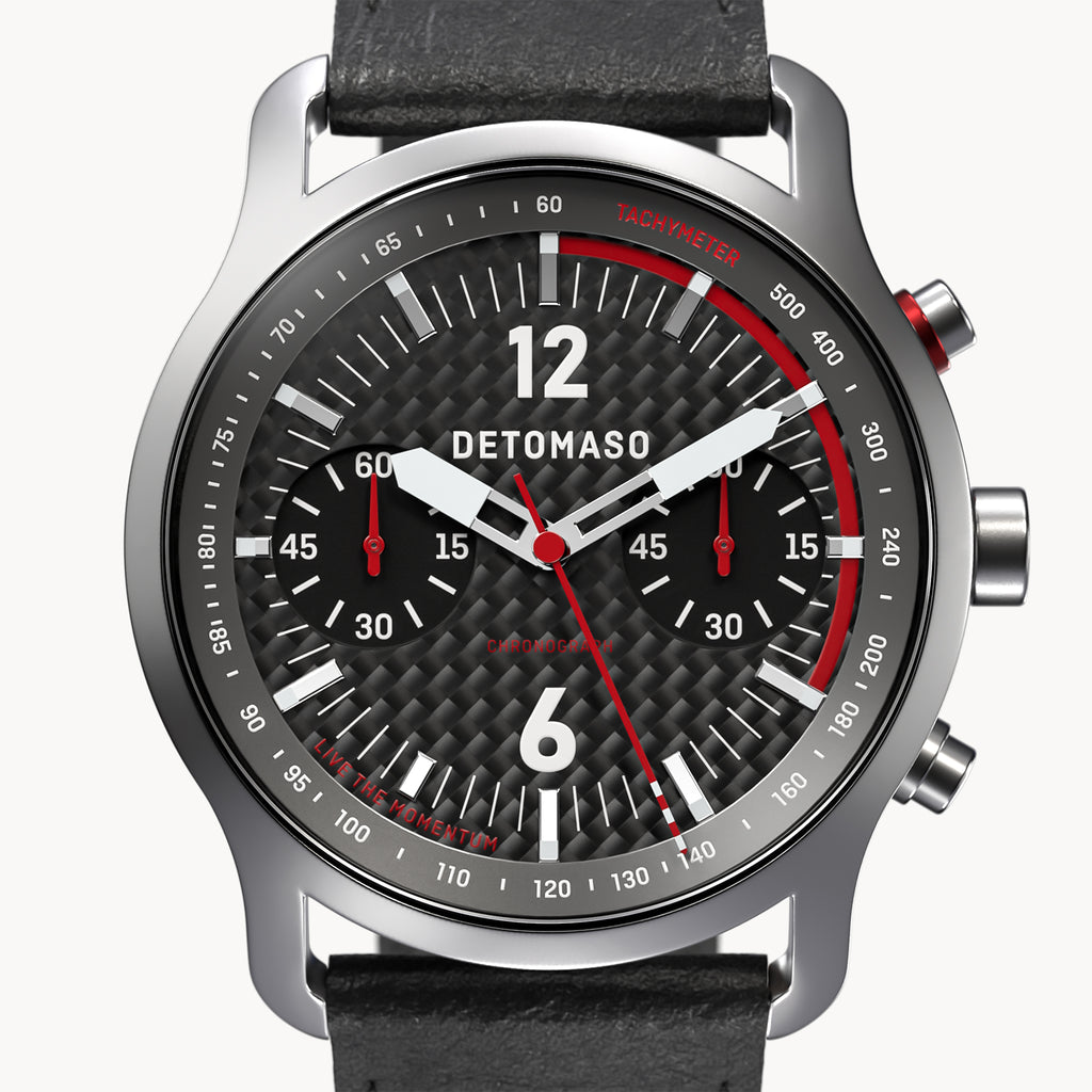 SORPASSO CHRONOGRAPH CARBON SILVER - Leather Black Racing - Detomaso Watches