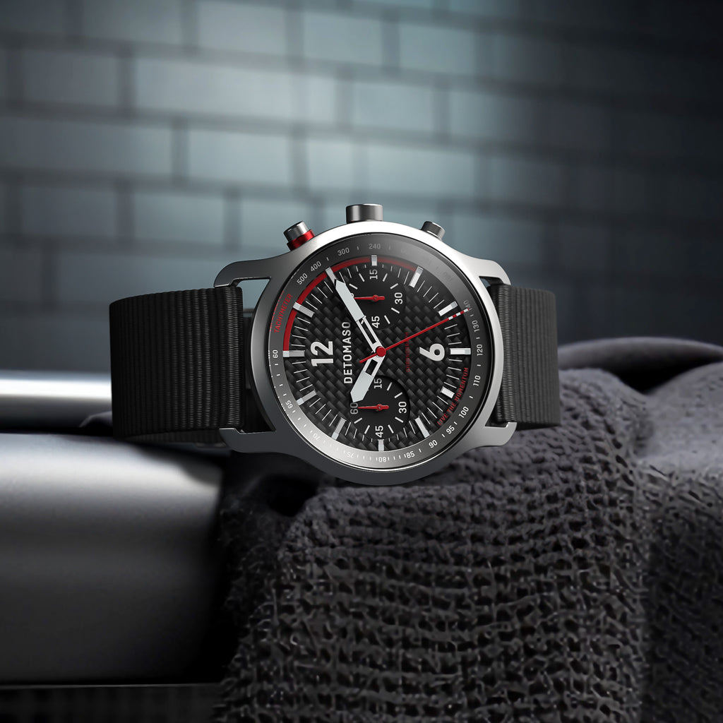 SORPASSO CHRONOGRAPH CARBON SILVER - Ocean Plastic Black Woven - Detomaso Watches