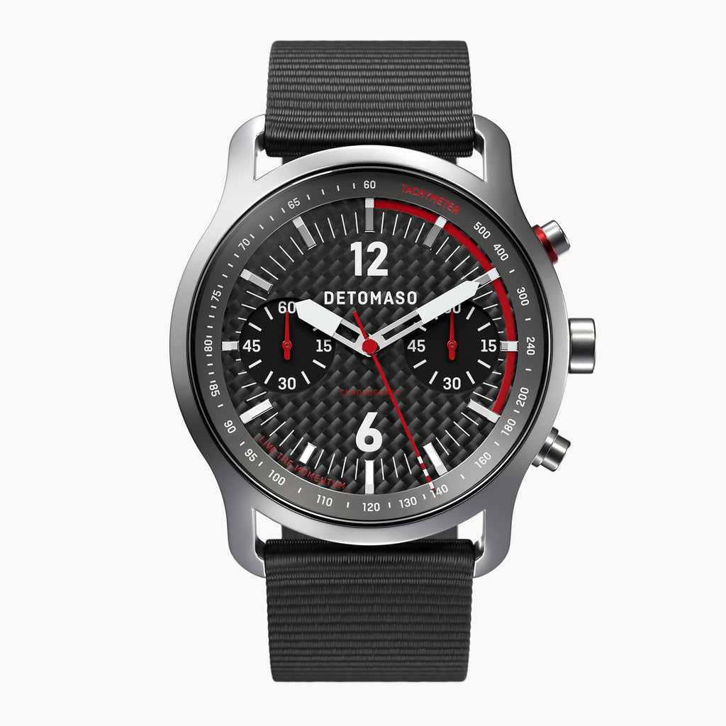SORPASSO CHRONOGRAPH CARBON SILVER - Ocean Plastic Black Woven - Detomaso Watches