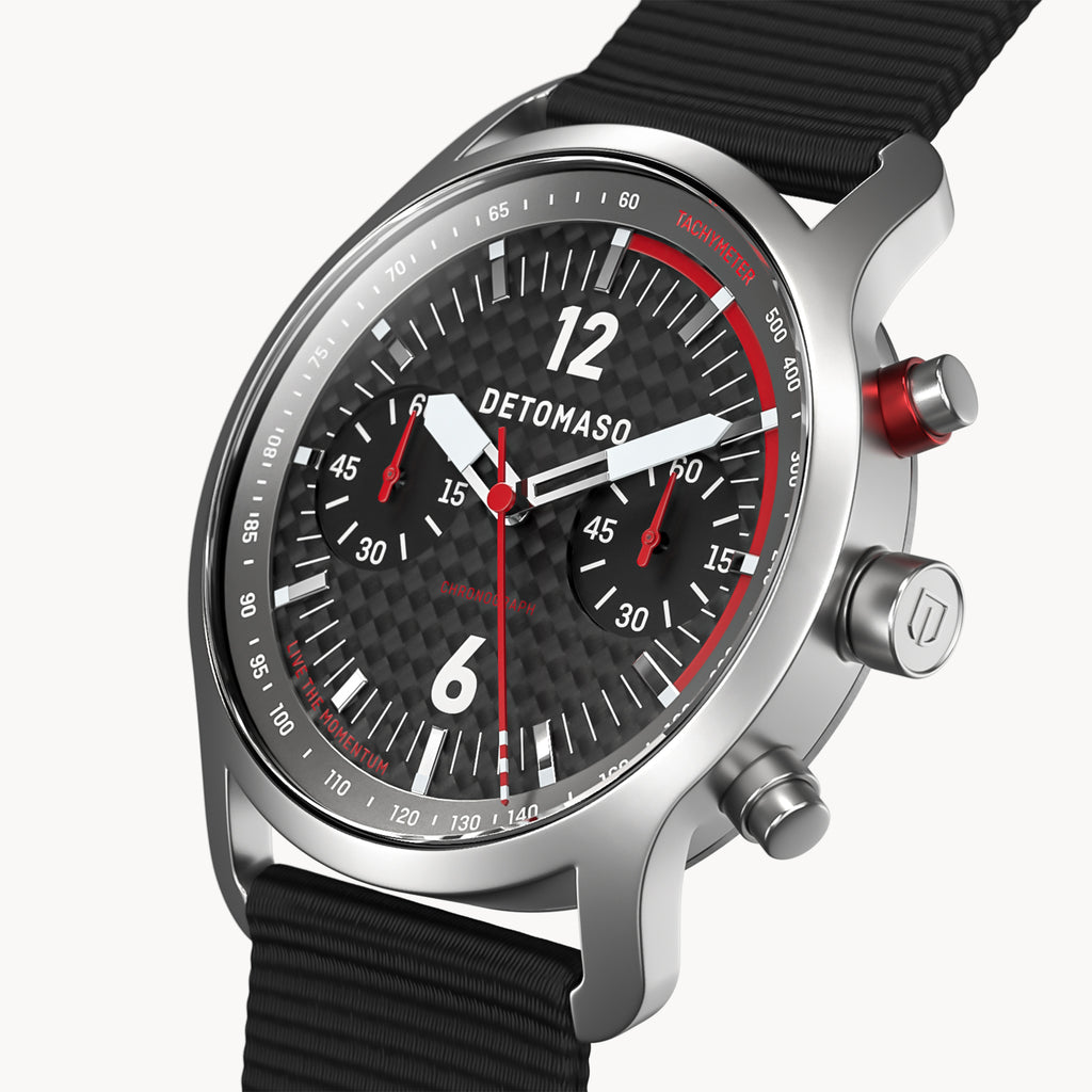 SORPASSO CHRONOGRAPH CARBON SILVER - Ocean Plastic Black Woven - Detomaso Watches