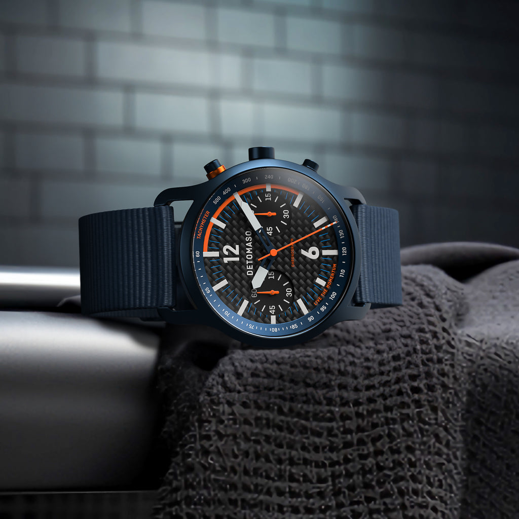 SORPASSO CHRONOGRAPH CARBON BLUE ORANGE - Ocean Plastic Dark blue Woven - Detomaso Watches