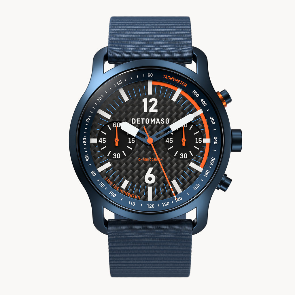 SORPASSO CHRONOGRAPH CARBON BLUE ORANGE - Ocean Plastic Dark blue Woven - Detomaso Watches